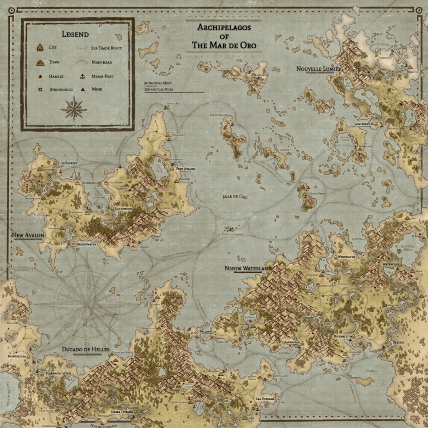 Aged parchment map of the Mar de Oro archipelagos