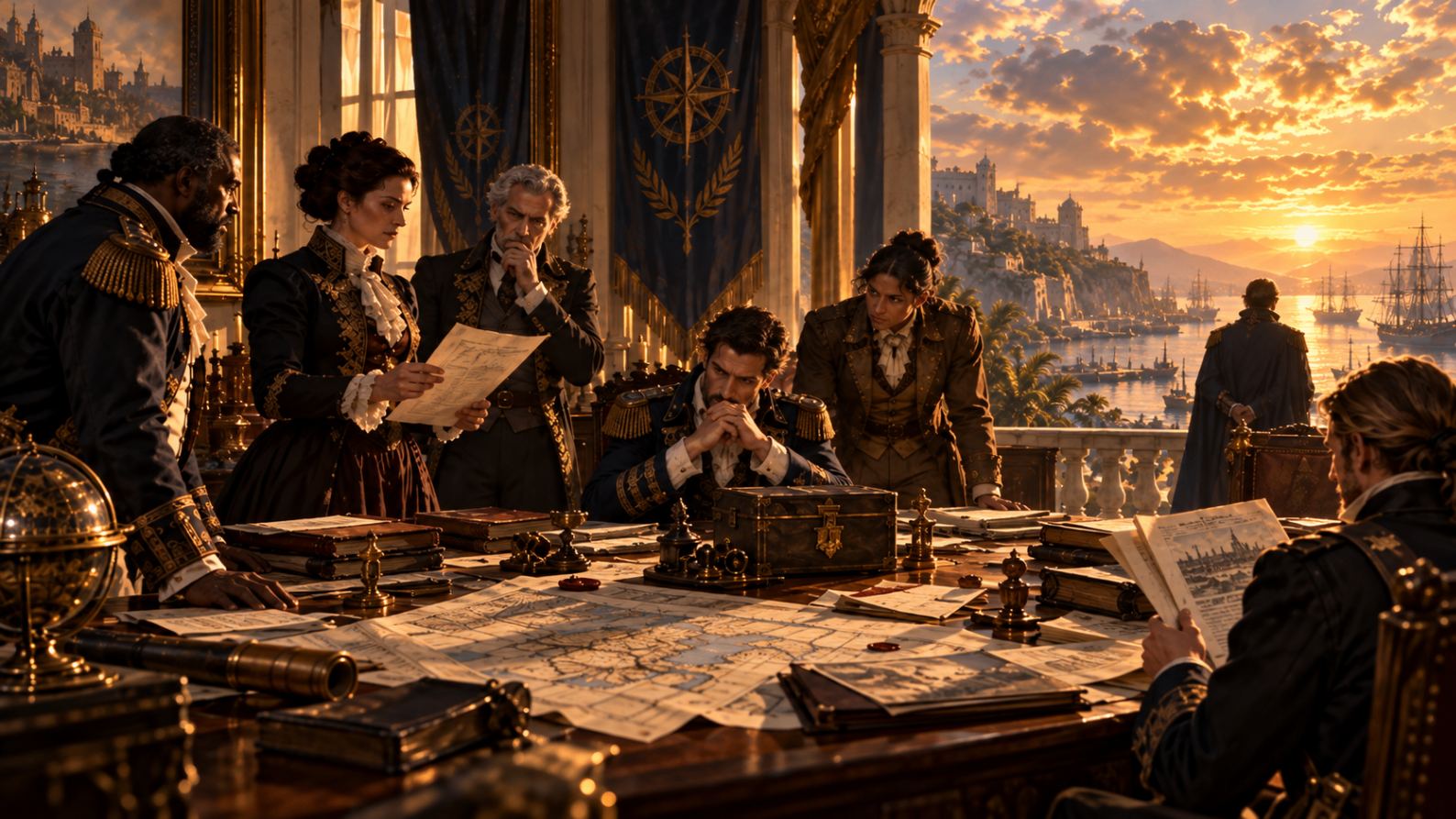 Delegates examine maps and evidence during the campaign settlement.