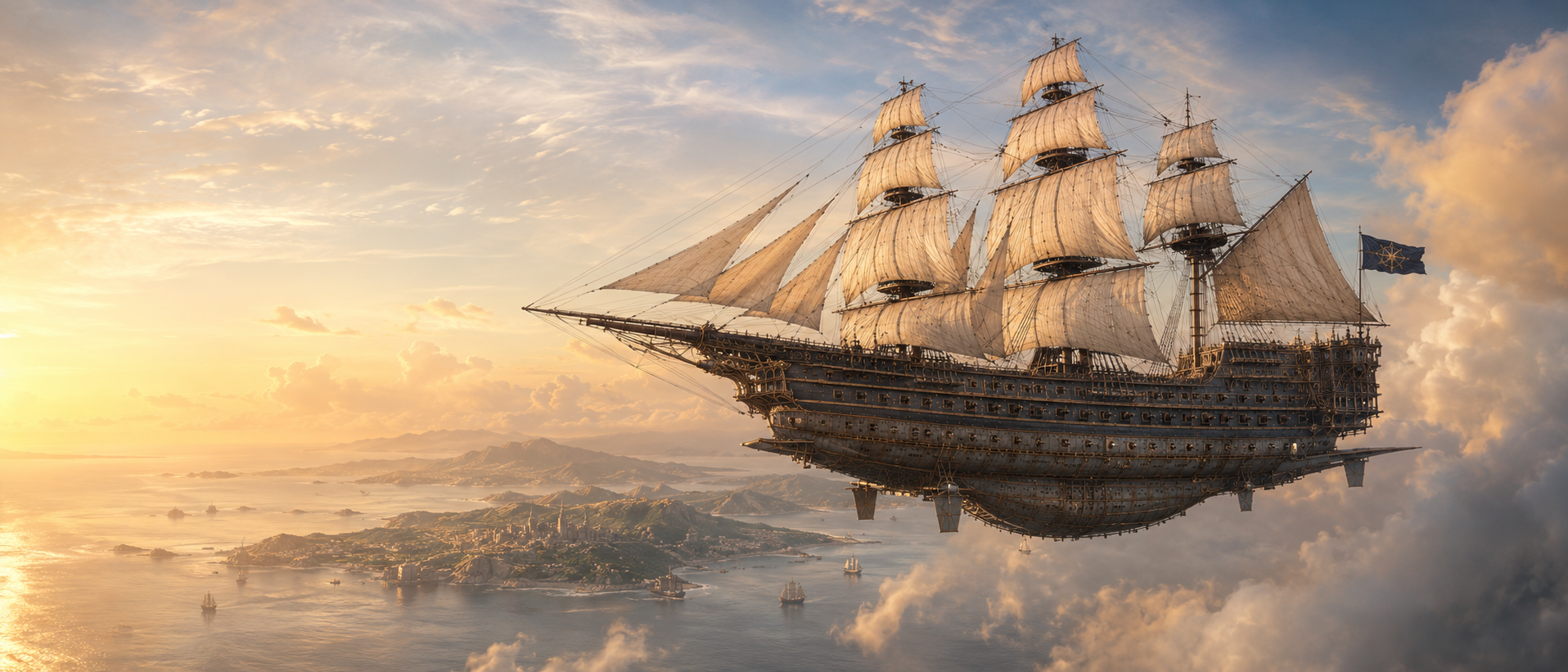 A many-decked airship of the line under full sail, flying above an island harbour at sunrise