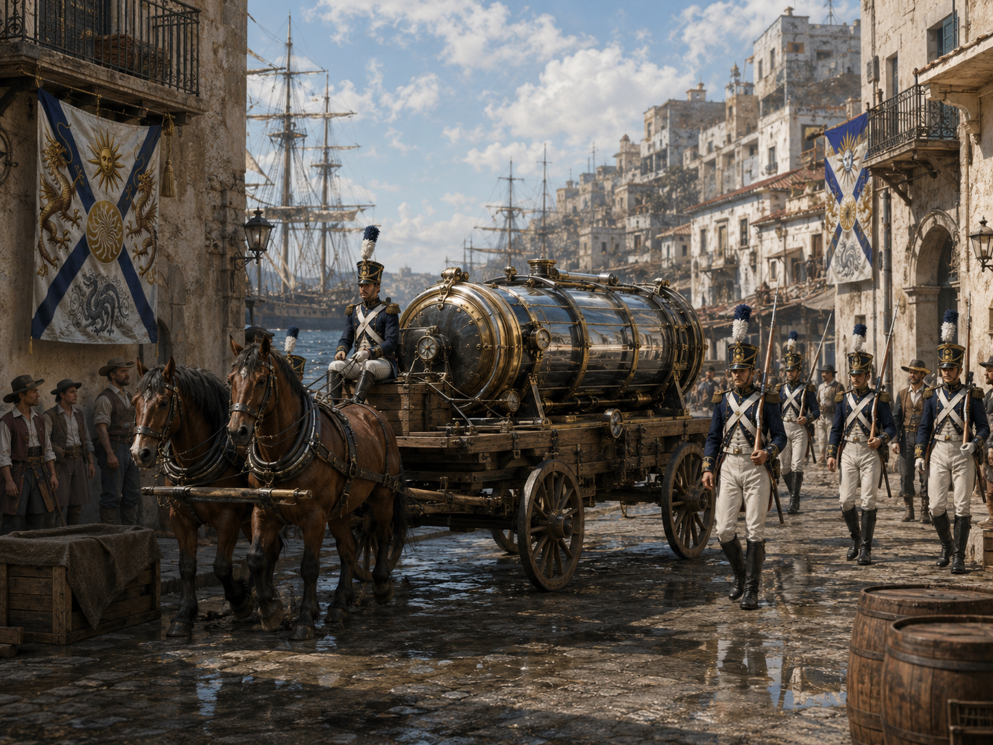 Éterlumin transport under armed escort through a Hellerite port.