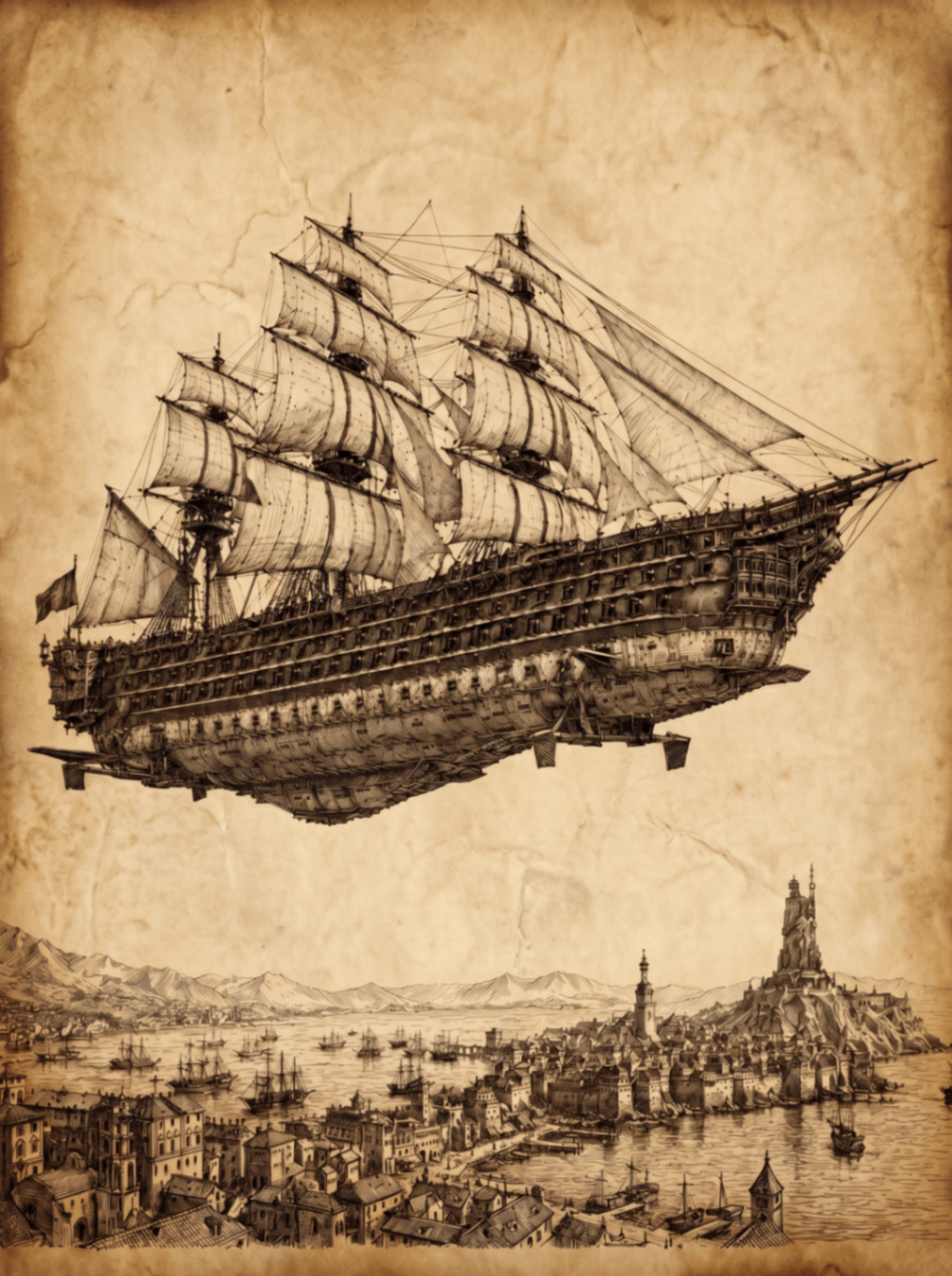 Massive multi-deck Justicar-class airship with tiered gun batteries and a full sailing rig.