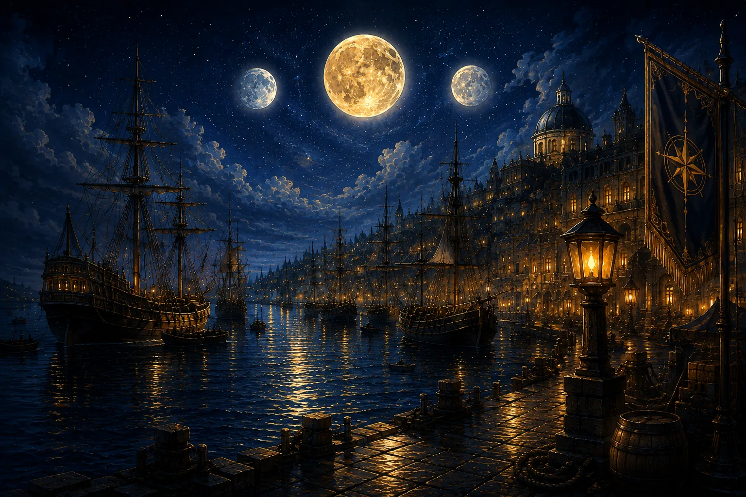 The Golden Sea harbour at night beneath three moons, tall sailing ships at anchor and a lamplit waterfront city.