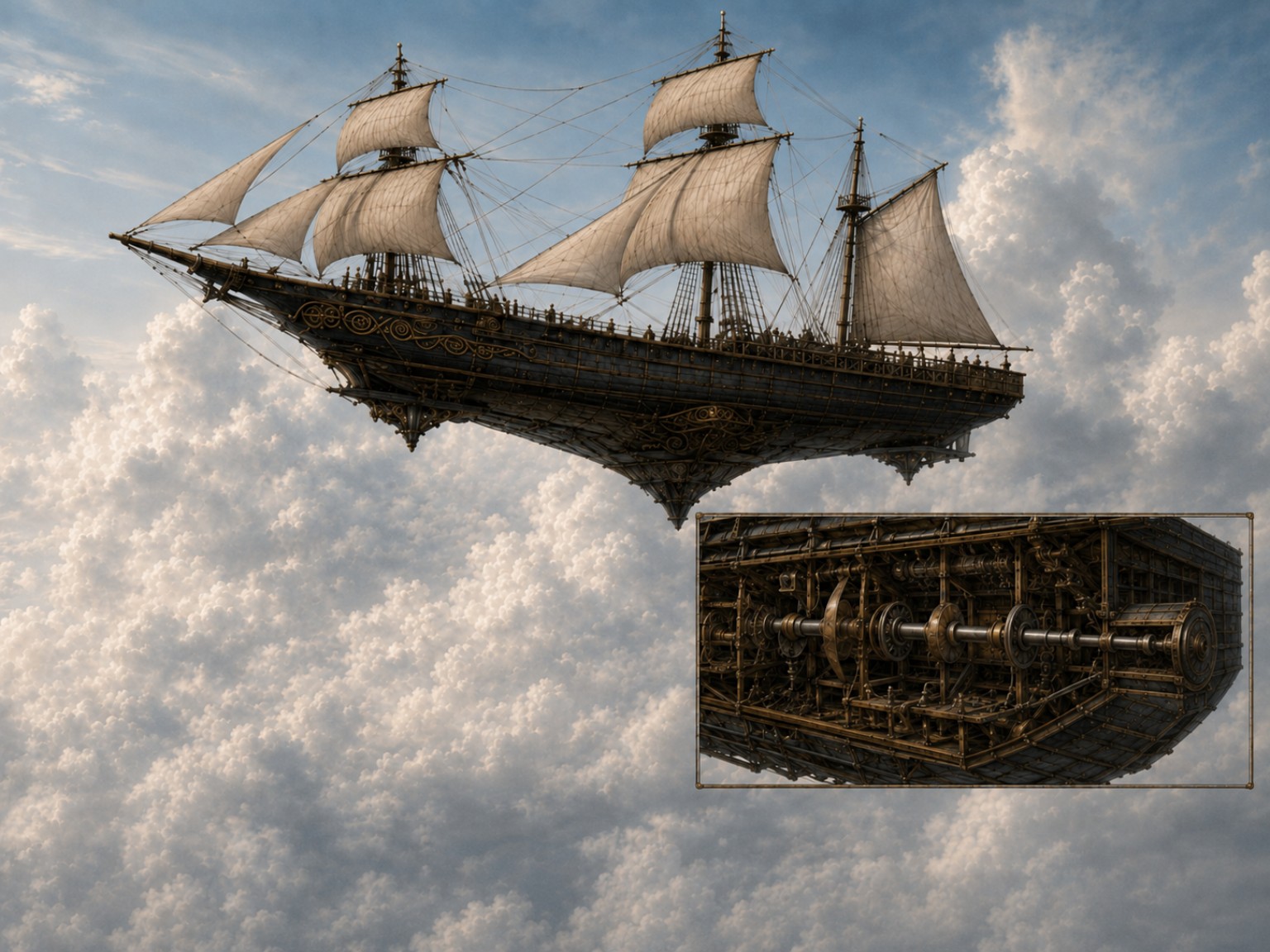 A Heller experimental sky-sloop under full sail above cloud, with an inset cutaway of its internal machinery and drive shafting.