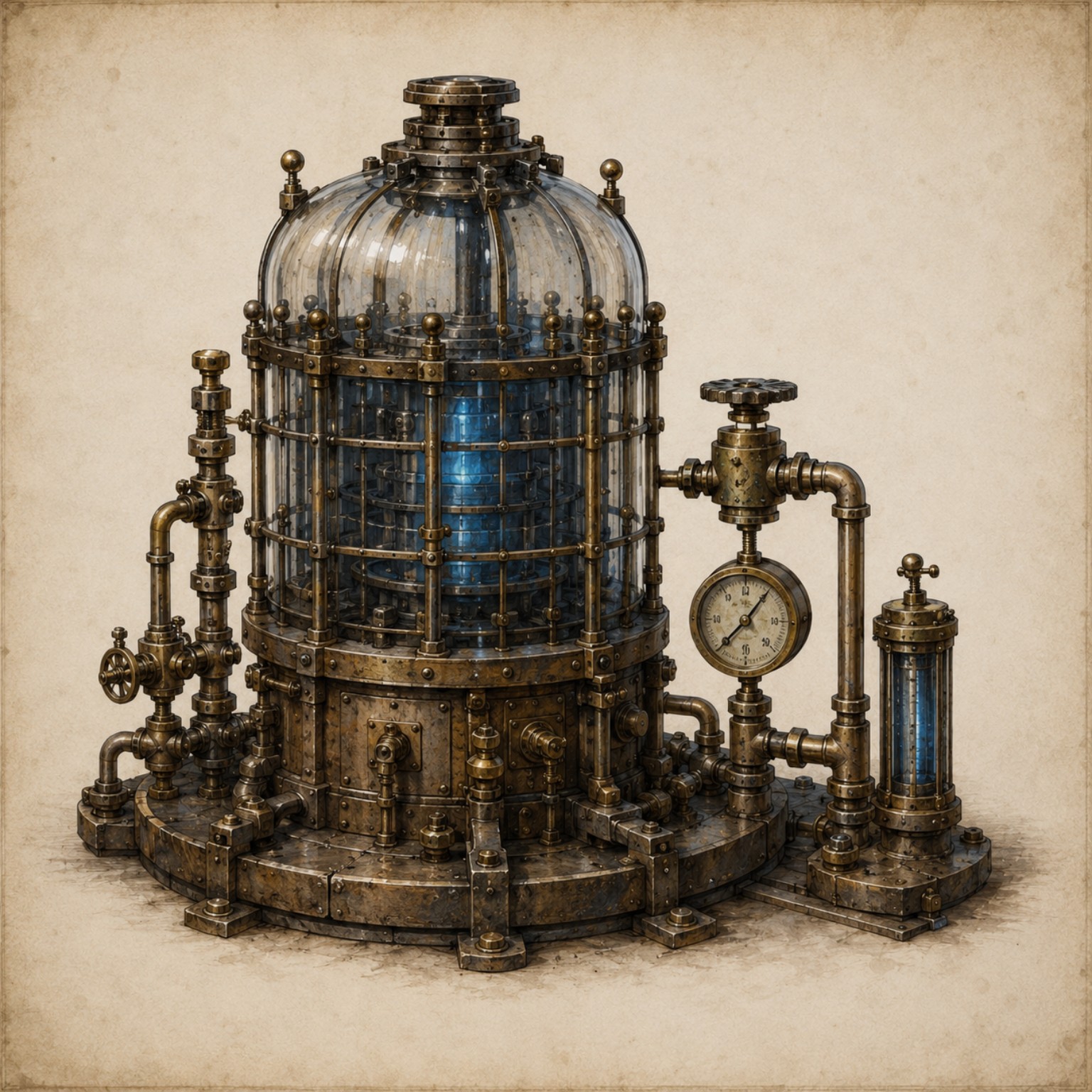A brass and glass Éterlumin lift chamber on a test cradle, with valves, a pressure gauge and a glowing blue column of activated medium.