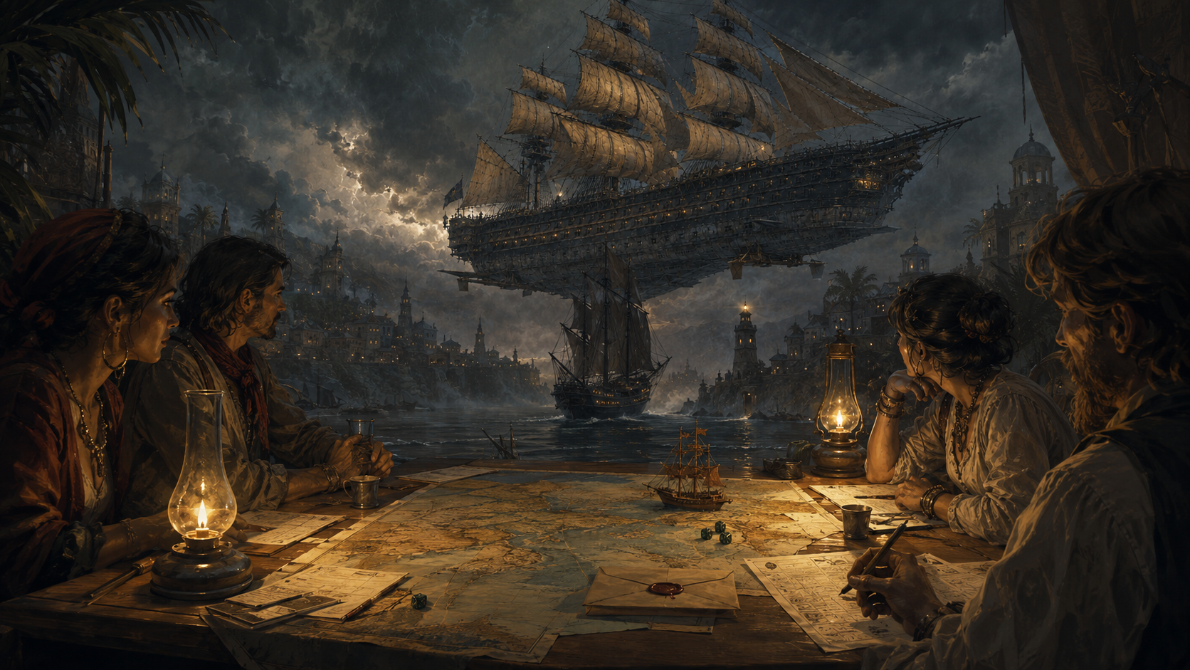 Four players around a lantern-lit map table, a great airship and a sailing frigate framed by a stormy harbor beyond the window.