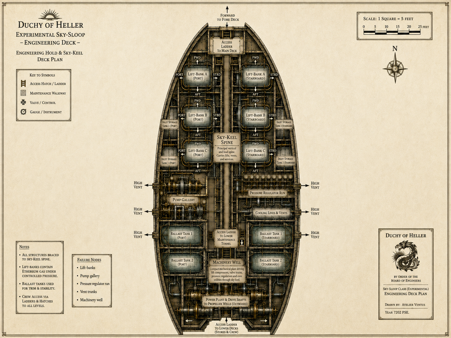 Duchy of Heller experimental sky-sloop engineering deck plan showing lift-banks, the sky-keel spine, ballast tanks, pump gallery, vent trunks and a machinery well.