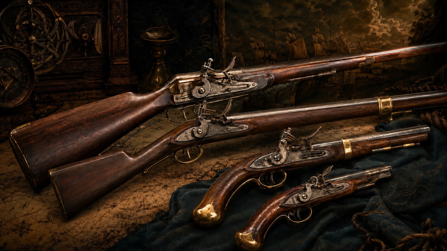 Period firearms arranged over charts and navigation instruments.