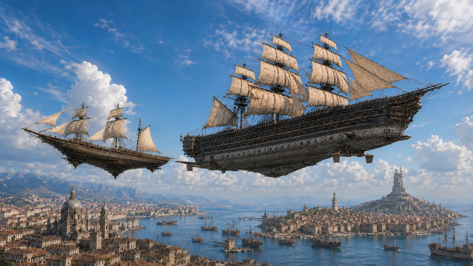 Two Mar de Oro flying sailing ships above an inhabited Golden Sea harbour city.