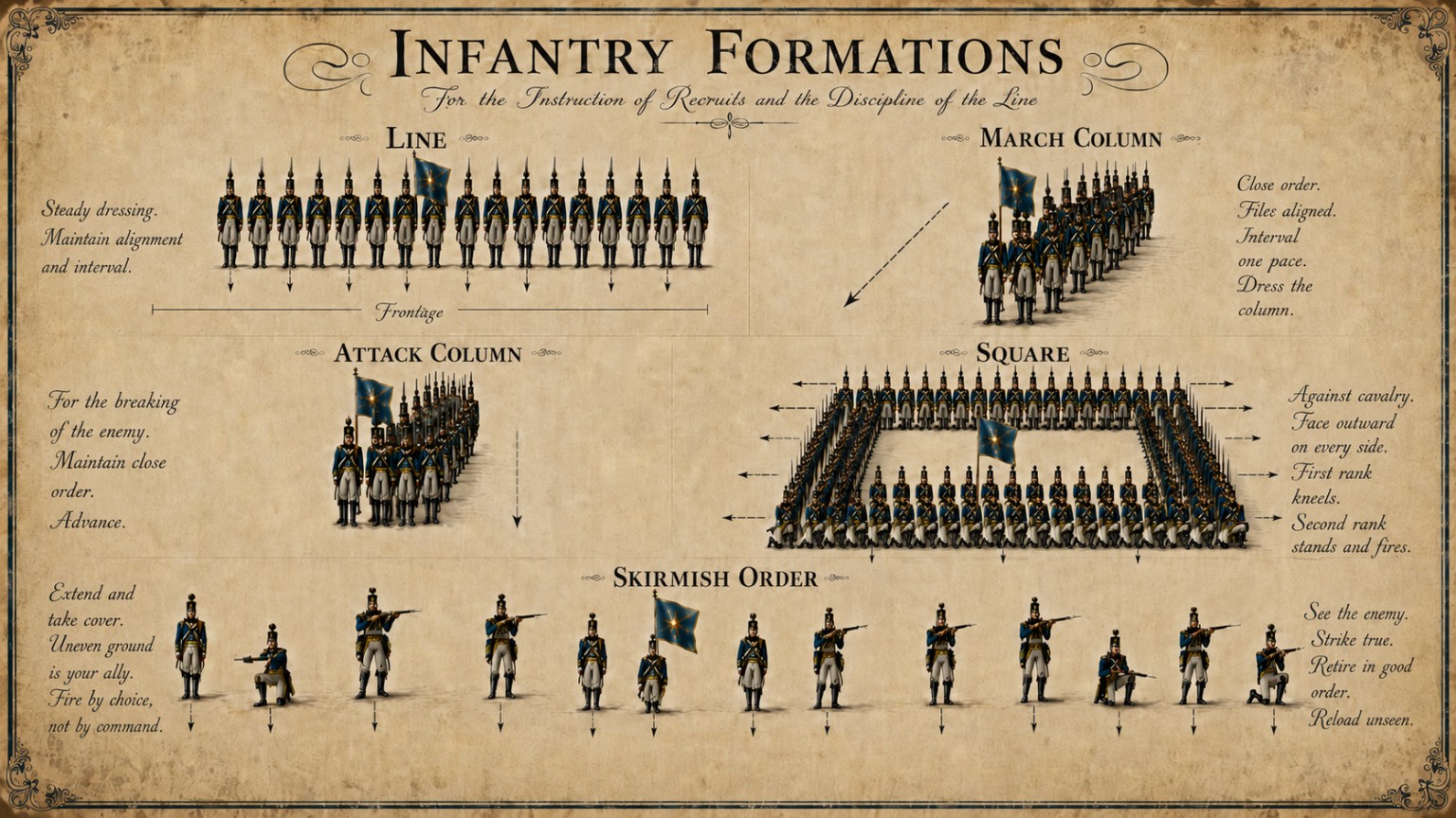Illustrated infantry formation manual showing line, columns, square, and skirmish order.