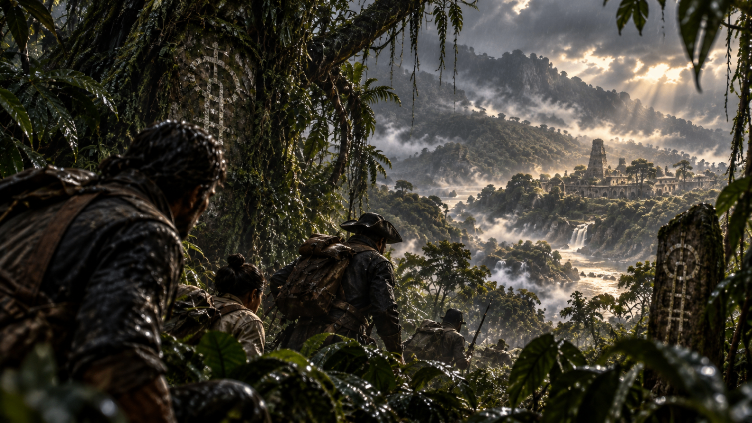 An expedition travels through marked inland jungle territory.