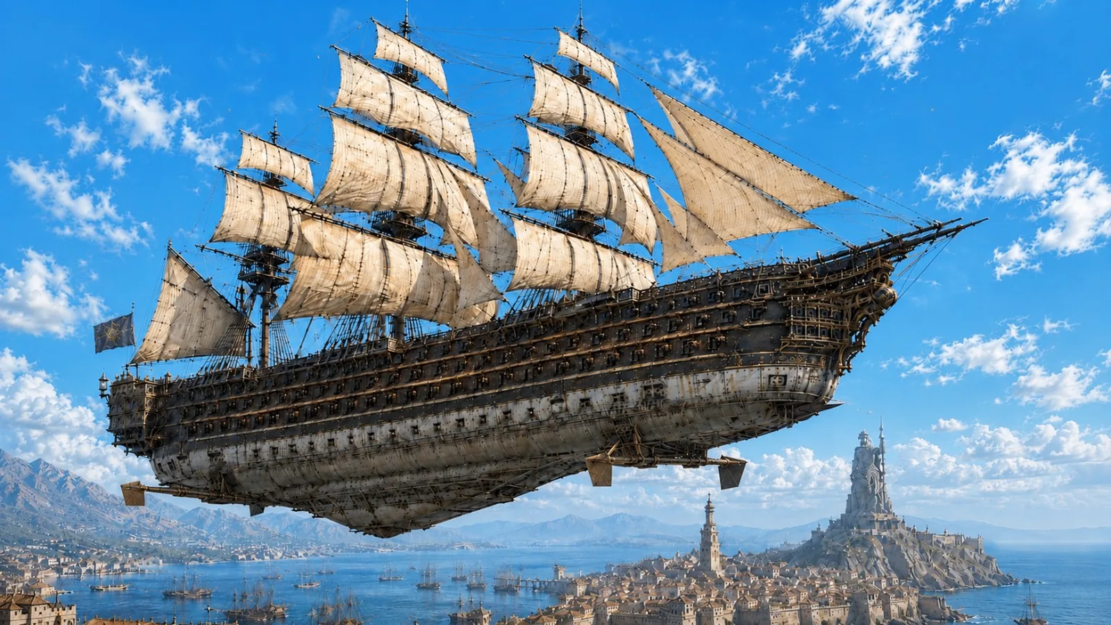 A great sky frigate flying above a Mar de Oro harbor city under a bright daylight sky.