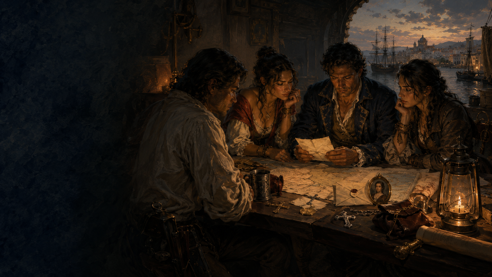 Four figures huddled over letters, a map, and a portrait miniature at a lantern-lit table.
