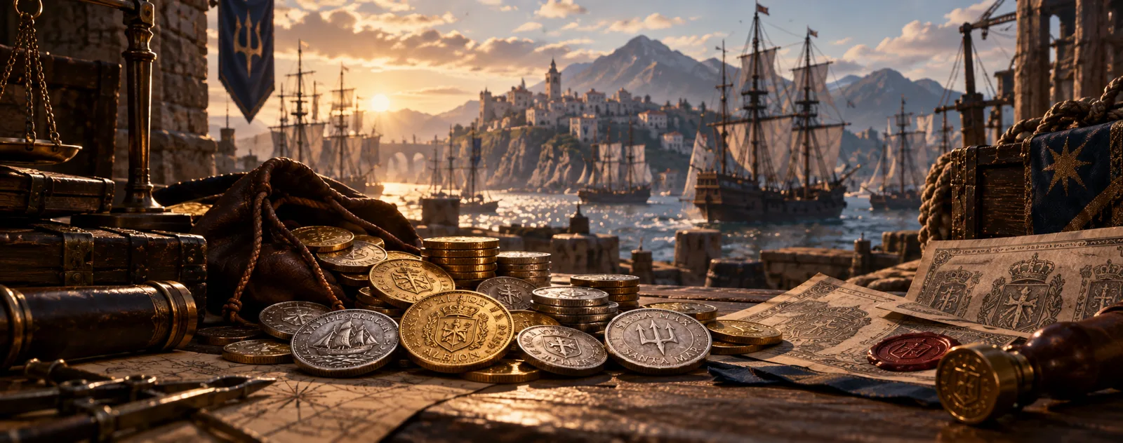 Coins, scales, financial papers and trade goods overlooking a busy Mar de Oro sailing harbor.