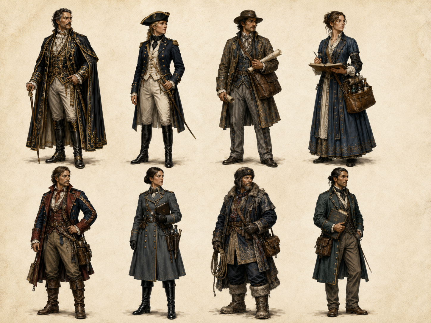 Eight full-body examples of clothing and professional dress associated with Valdegracia, Albion, Stroomdijk, Luminore, Heller, Eisenmark, Volkharov, and Éirighdún.