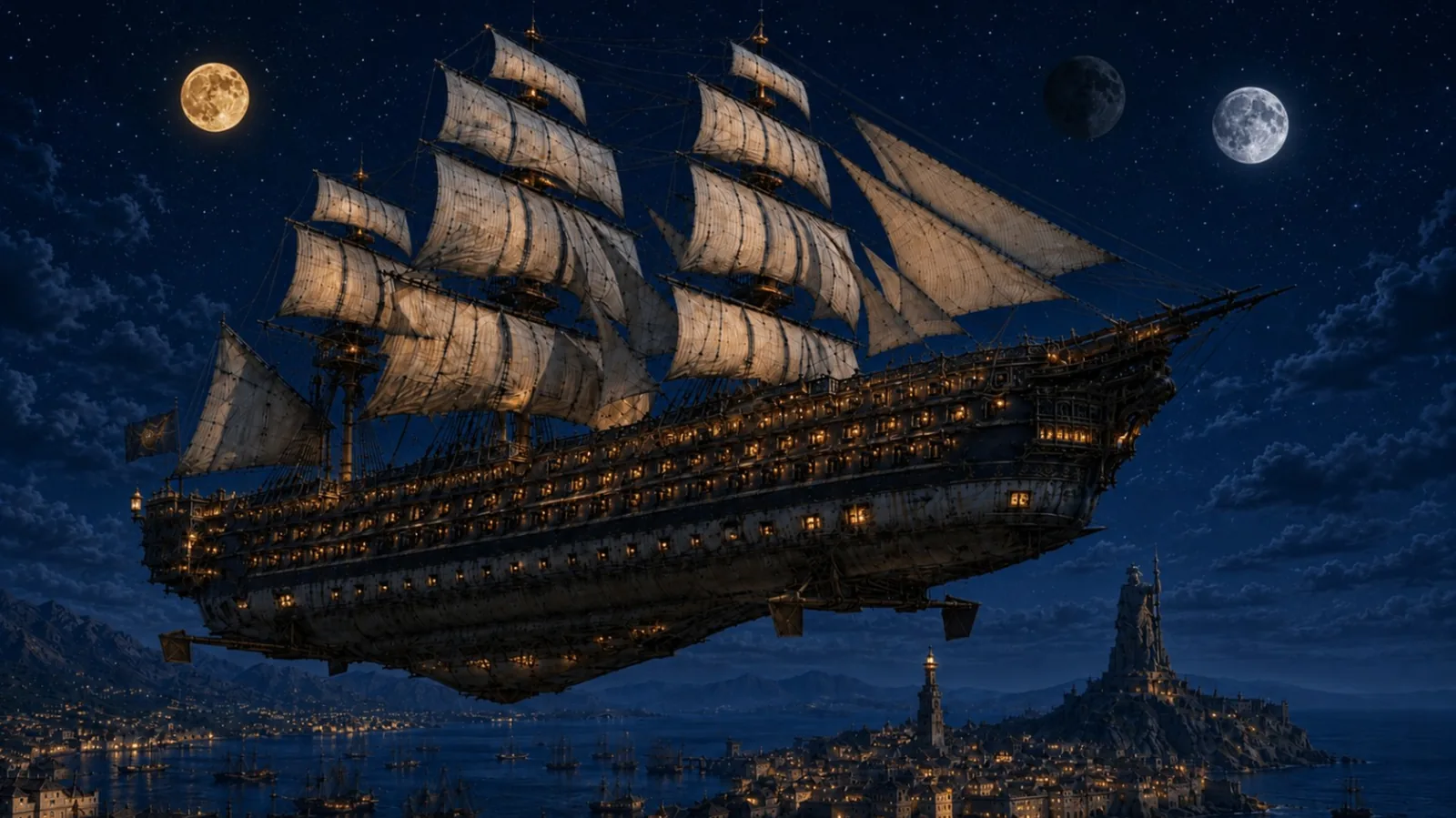A great sky frigate flying above a Mar de Oro harbour city at night beneath three moons.