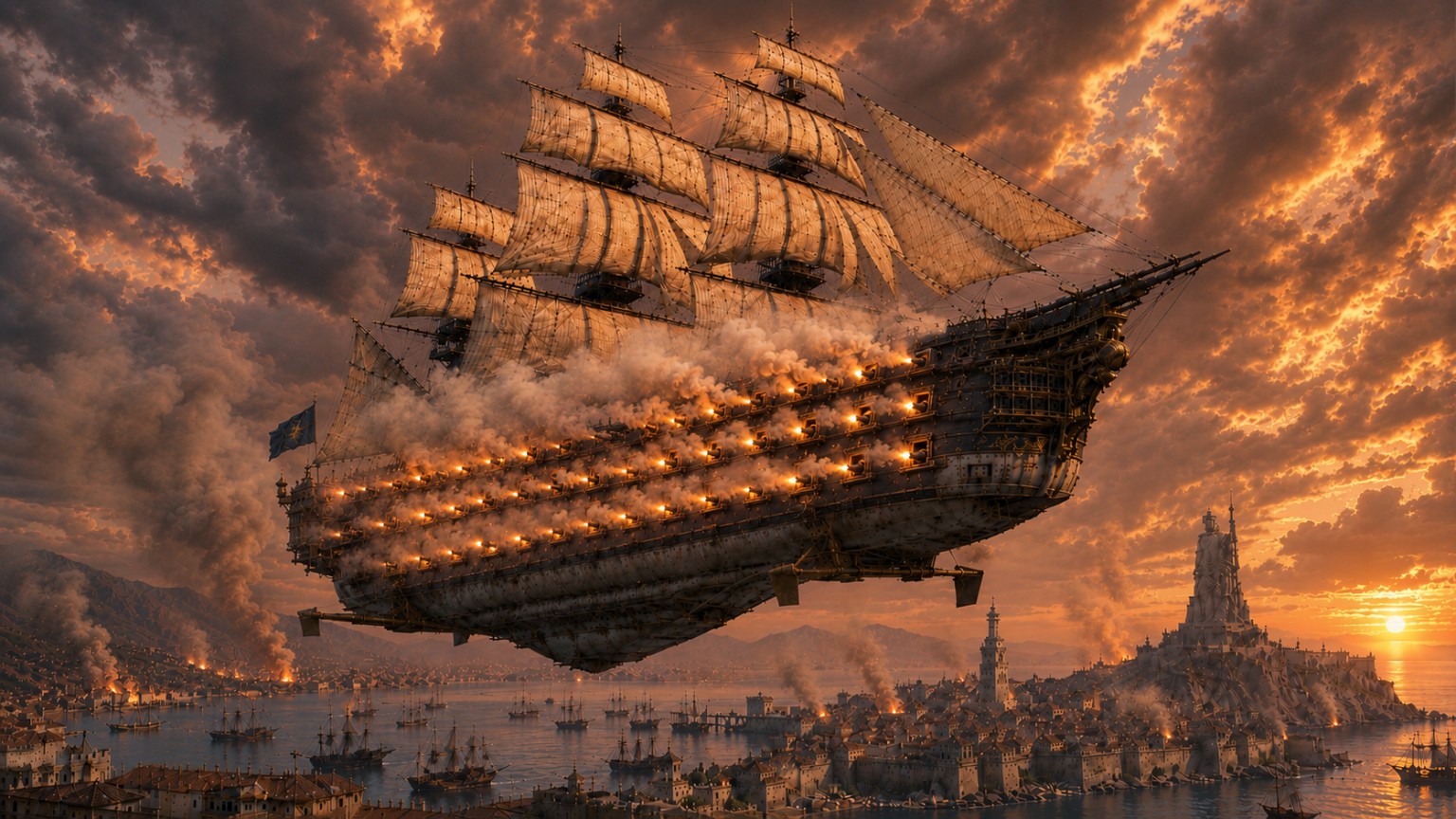 A flying warship firing a broadside above a Mar de Oro harbour city.