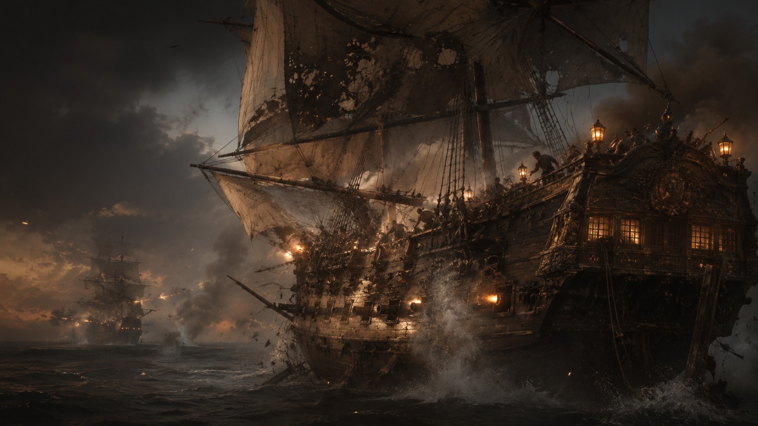 Sailing warships exchanging cannon fire during a naval battle.