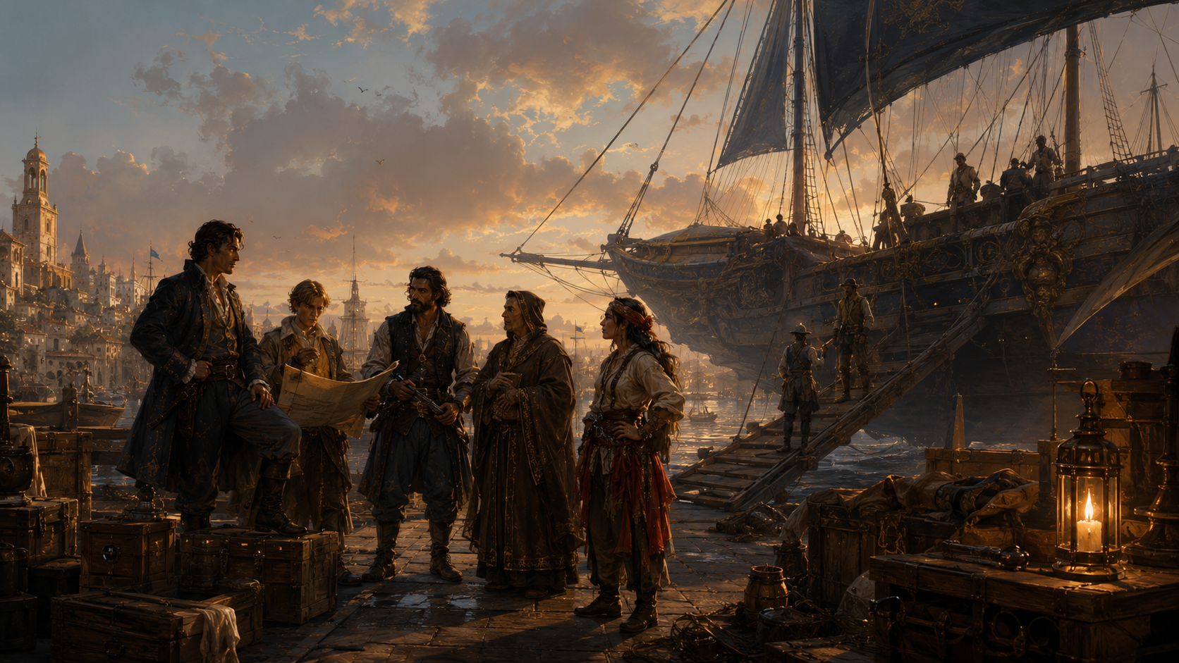 A mixed crew, officer, navigator, robed scholar, and a sabre-belted freelance, meeting on the quay beside their ship at sunset.