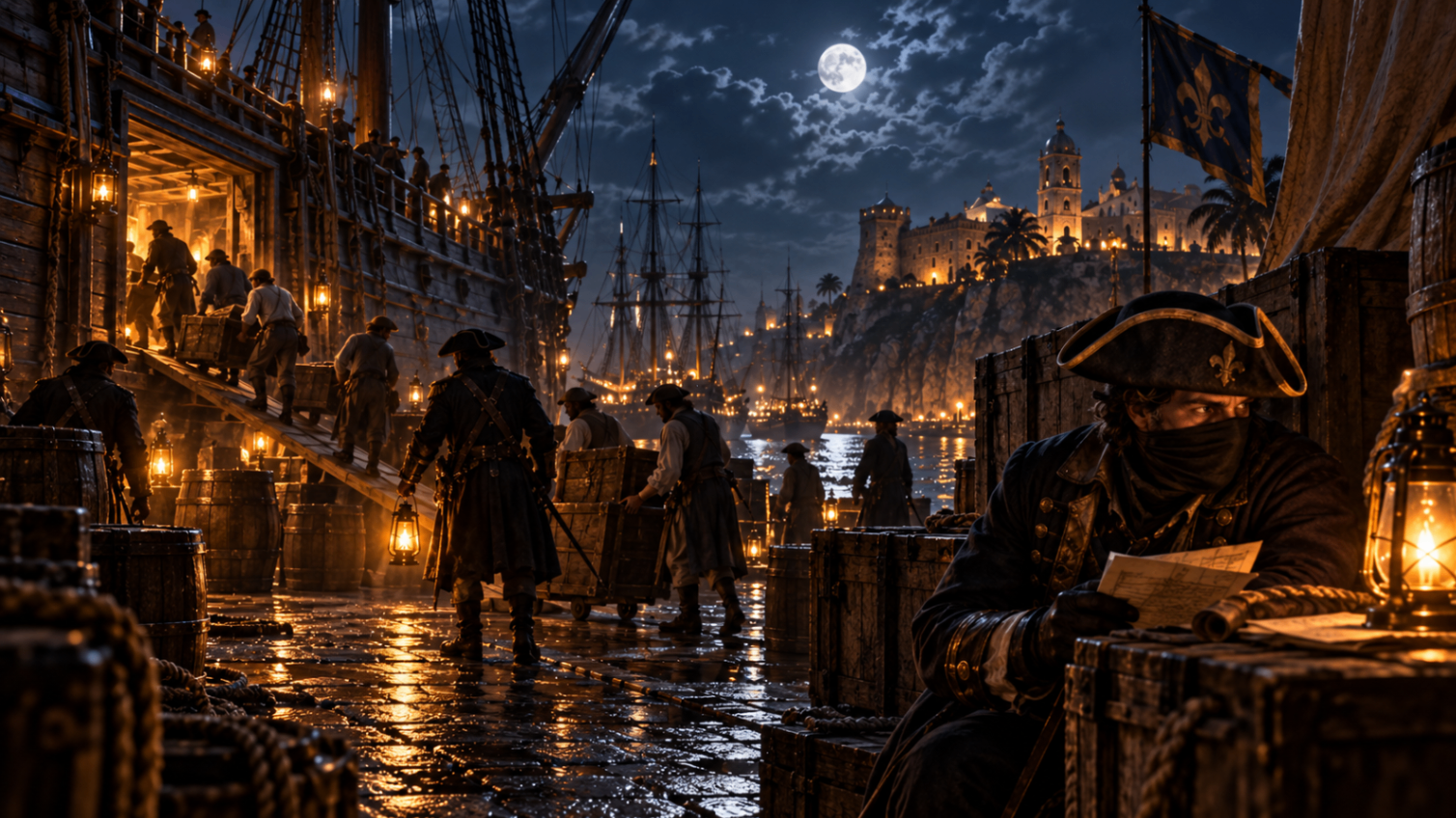 Covert operatives work among ships and cargo in the harbour at night.