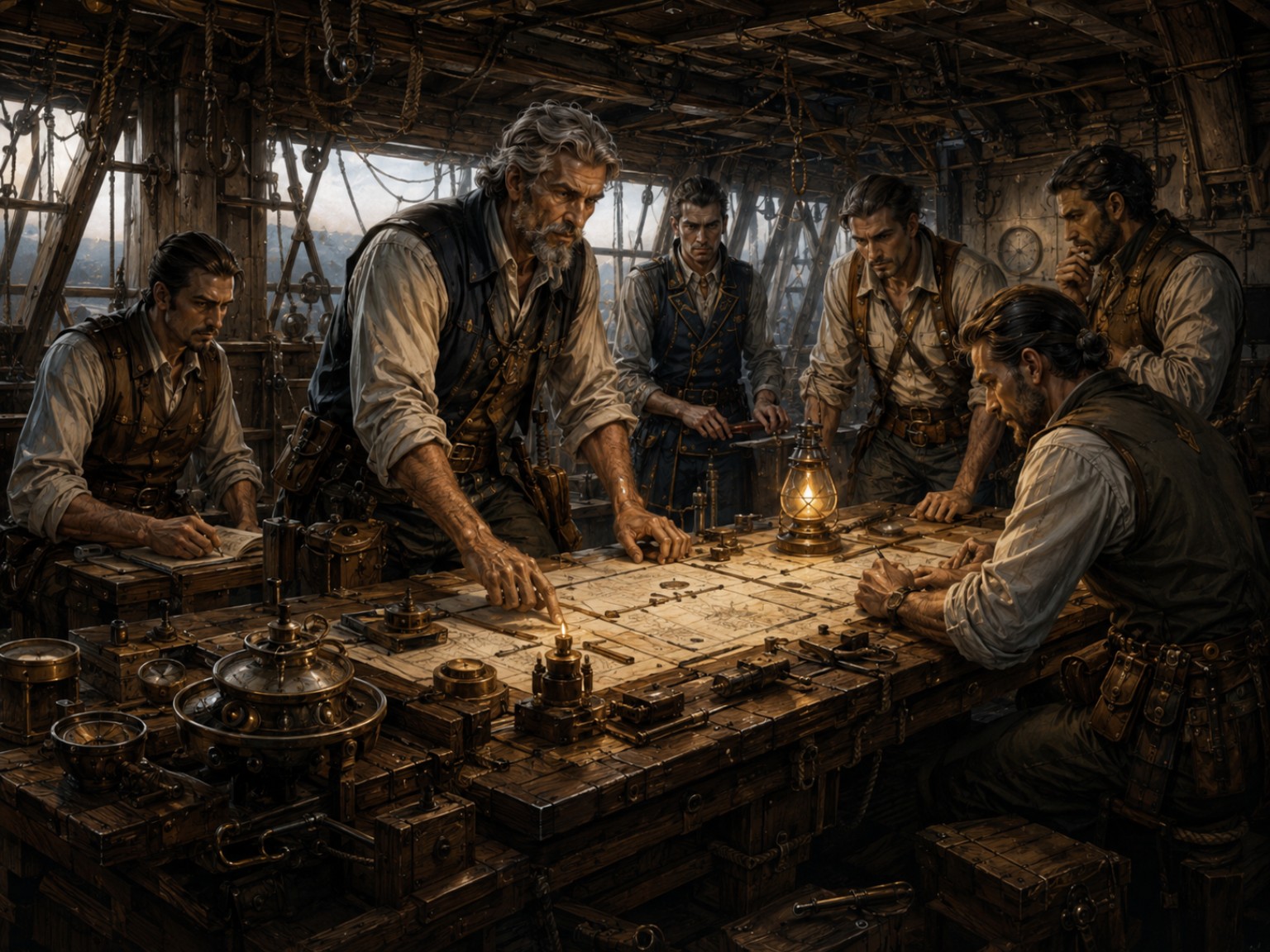 Senior airship officers and engineers reading charts and instruments by lantern light during a developing failure.
