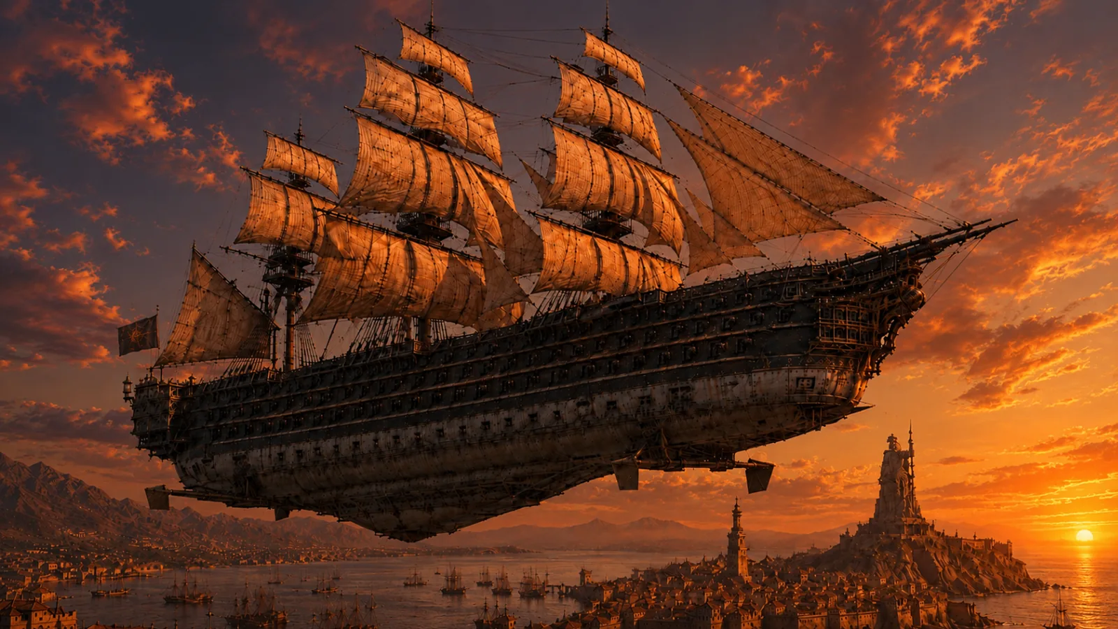 A great sky frigate flying above a Mar de Oro harbour city at sunset, the warm horizon burning behind it.
