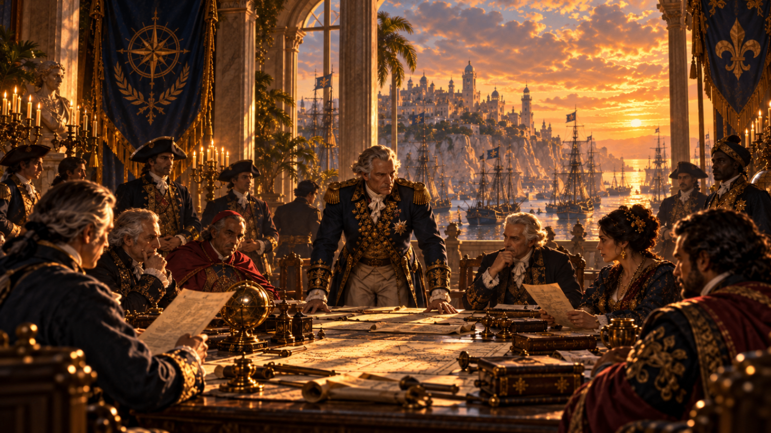 Delegations negotiate around a table overlooking Canula Prime harbour.