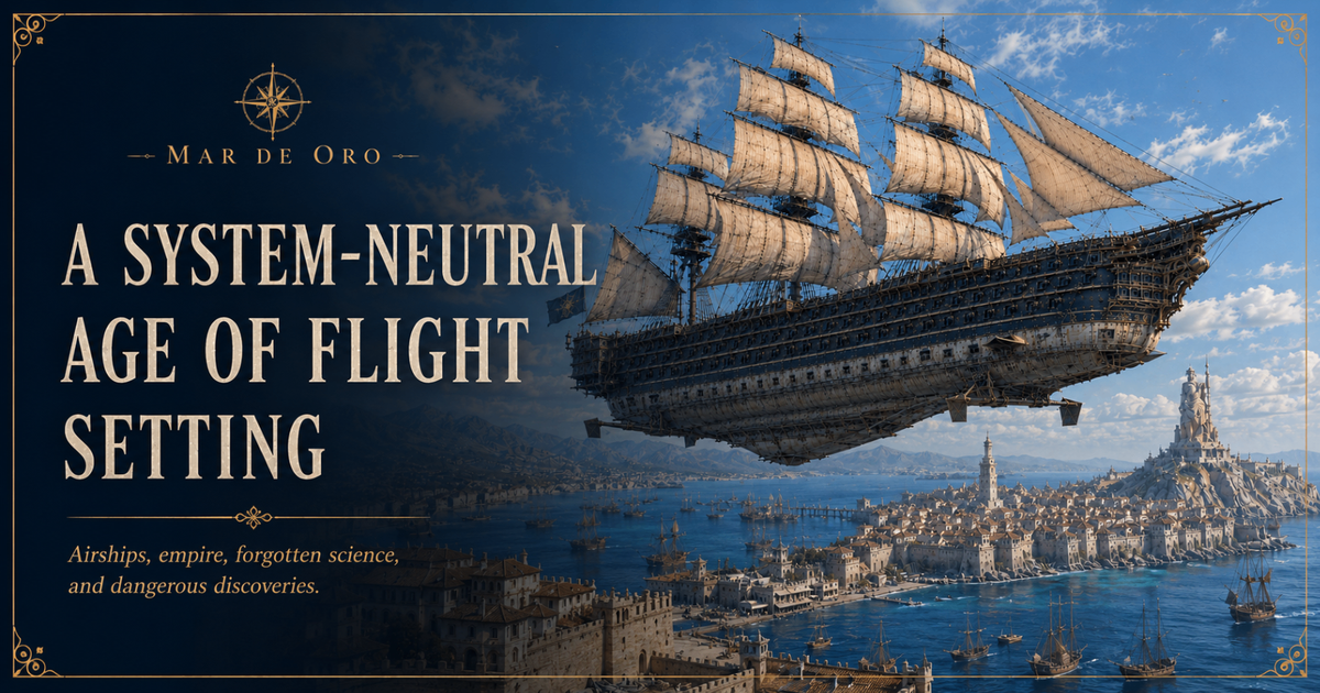 A vast Mar de Oro ship-of-the-line flying above a sunlit coastal city and harbour.